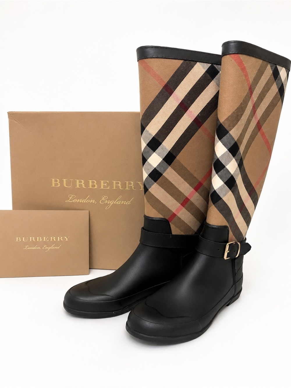 Burberry Black & Beige Nova Check Tall Rain Boots